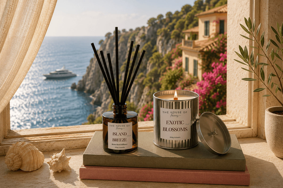 Luxury scented candle and reed diffuser by The House of Fairies, handcrafted in Cyprus for elegant home fragrance.